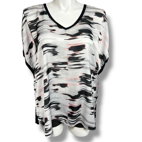 Rebel Womens Blouse Top Shirt Cold Shoulder Abstract Print Black White Pink 2X - Picture 1 of 10